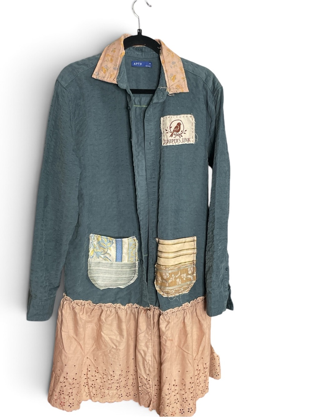 Boho Denim & Blush Ruffle Bee Upcycle Patch Tunic Jacket -Ptp 23 M/L - Picture 4 of 4